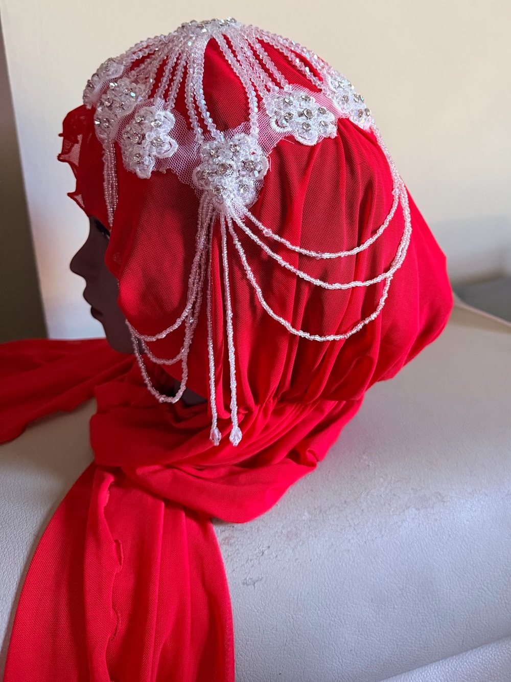 Red Beaded Bridal Hijab Scarf with White Pearl Appliqué
